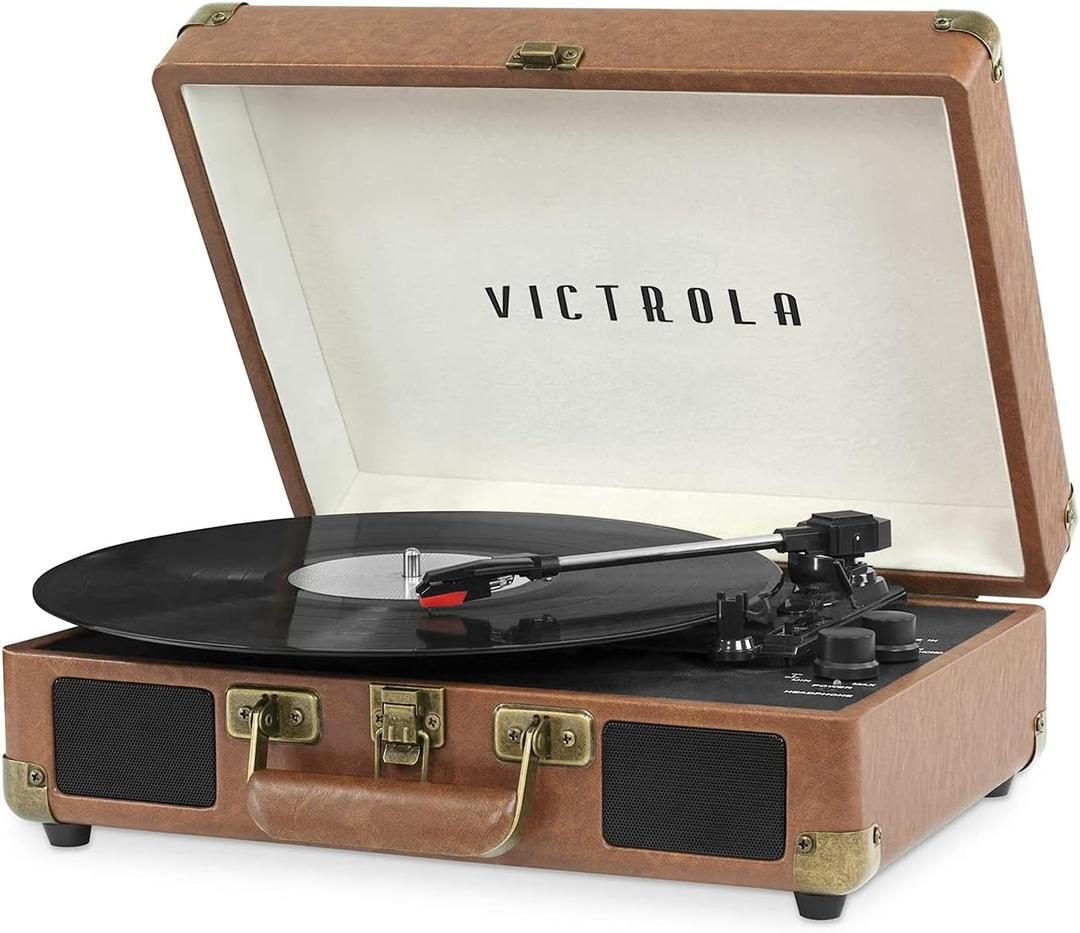 Victrola Journey Bluetooth Portable Suitcase Record Player  with Built-in Speakers, 3 Speed Vinyl Record Player, RCA Out, Headphone Jack (Brown)
