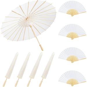 MOTOTO 4 Pack 33 Inch White Paper Umbrellas & 4 Pack 8 Inch Foldable Handheld Fans, Oiled Chinese Japanese White Parasols Umbrellas Paper Fans for DIY Painting, Wedding, Bridal Party, Ceiling Decor