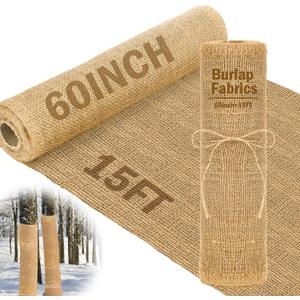 Buryeah 60 Inch x 15 ft Burlap Fabrics Roll Natural Burlap Tree Wrap Winter Garden Frost Plant Protection Blankets Cloth Weed Barrier Fabric Jute for Outdoor Home Trees Shrubs Craft Party Decor