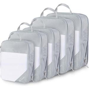 Compression Packing Cubes, 5 Set Packing Cubes for Travel Compression, Lightweight Compressible Package Organizer for Carry On and Suitcases, Light Grey