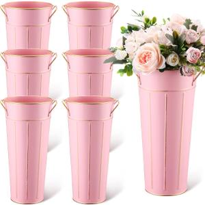 Domensi 6 Pcs 11.8'' Galvanized Metal Vase with Handle Rustic Galvanized Vase Planter Bucket for Fresh Flowers Dried Floral Decor Farmhouse Table Centerpiece Decoration for Wedding(Pink)