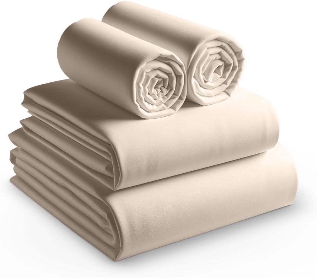 100% Egyptian Cotton Sheets Queen Size High Thread Count 4 Piece Luxury Queen Bed Sheet Set Breathable Cooling Sheets Deep Pockets Fit up to 17" Mattress Soft Sateen Weave Bedding Sheet Ivory