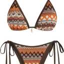 ZAFUL Women's Colorblock Stripes Triangle Halter Tied Cheeky Thong Bikini Set High Cut Two Piece Bathing Suit (2-brown), S