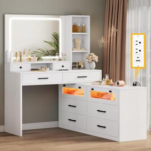 DWVO Large Vanity Desk with Mirror - RGB LED and Charging Station, Make up Vanity Mirror with 3 Lights Mode and Brightness Adjusted, Large Storage Space-10 Drawers, 3 Open Shelves, White