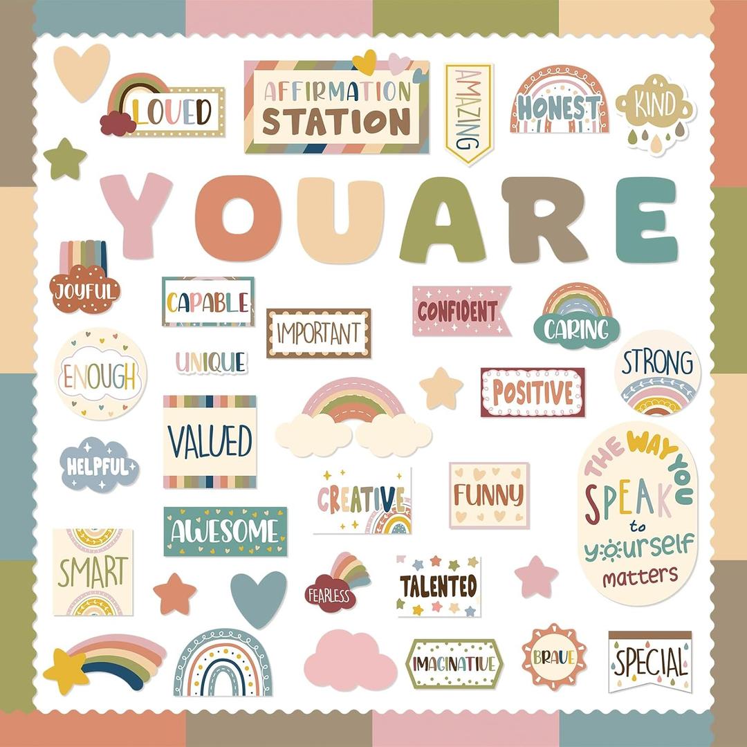 90 Pcs Boho Affirmation Station Classroom Bulletin Board Set Motivational Bulletin Board Back to School Positive Affirmations Accent Cutout Mirror Growth Mindset Decor for School Office Home