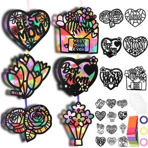 Fumete 36 Pcs Wooden Mothers Day Suncatchers Craft Set DIY Flower Shaped Stained Glass Tissue Kits Bulk for Mom Grandma Gift Activities Window Art Party Decorations Classroom Party Decorations