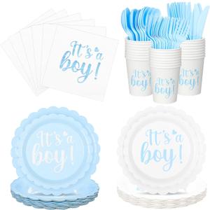 Qinyoung 218 Pcs Baby Shower Plates and Napkin Set Serve 24 Baby Boy Shower Decorations Set Includes Blue Boy Paper Plates Napkins Cups Cutlery for Gender Reveal Birthday Party