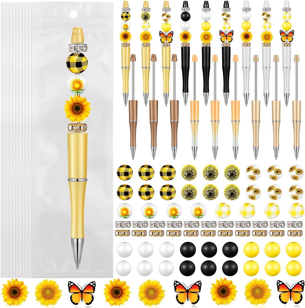 Colarr 24 Sets Plastic Beadable Pens DIY Pens Making Kit Assorted Wood Beads Crystal Spacer Black Ink Ballpoint for Women Crafts Office Family Gifts(Sunflower)