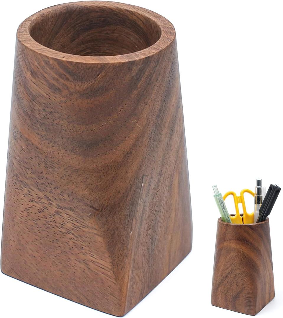 2 x Wood Pen Holder For Desk, Pencil Cup Whole Piece Black Walnut Wooden Organizer Caddy Stand, Durable Vintage Rustic Box For Desktop Men Supplies Accessories Stationery Makeup Brushes Offices Decoration