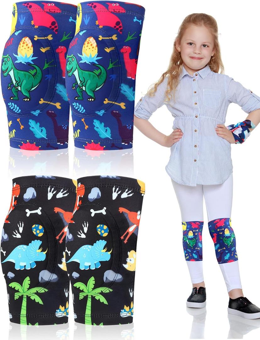 2 Pair Kids Knee Pad Dinosaur Anti Slip Padded Sponge Knee Brace Breathable Flexible Toddler Knee Pads Elastic Children Knee Support for Girl Boy Sport Volleyball Dance Skating Basketball, 3-7 Years (Dinosaur)
