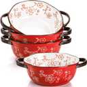 AVLA 4 Pack Ceramic Soup Bowls, 22 Ounces Porcelain Serving Bowl Set with Doundle Handle, Large Ceramic Crocks for French Onion Soup, Stew, Pasta, Cereal, Pot Pies (Red)