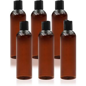 6 Pack 8 Oz Amber Plastic Squeeze Bottles with Black Disc Caps Refillable Empty Travel Containers Bottles for Shampoo Conditioner Toiletries Lotions Oils BPA Free