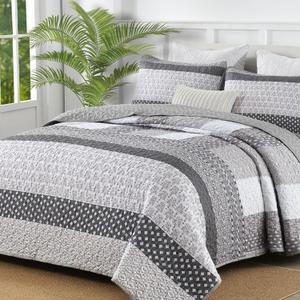 WONGS BEDDING Grey Quilt King Size, Bohemian Stripe Quilt Sets 3 Pieces Boho Quilted Bedspread Set Lightweight Microfiber Coverlet Bedding Set All Season (104"x90")
