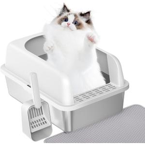 Prodigen Stainless Steel Cat Litter Box with Lid High Wall Sides Enclosure, Non-Sticky, Anti-Leakage, Easy Cleaning, with Cat Mat & Metal Scoop, 19.6" L x 14" W x 12" H