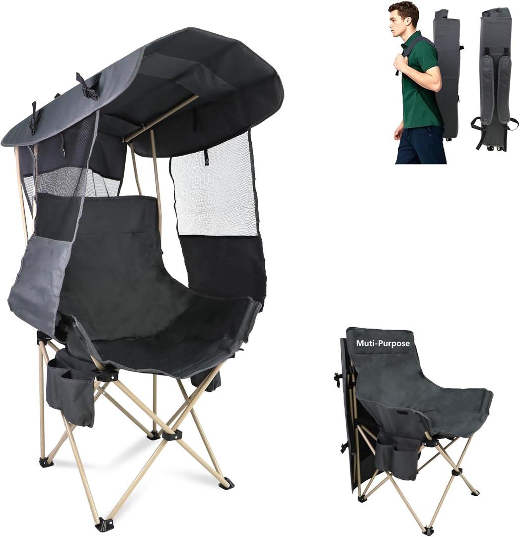 Folding Camping Chairs Canopy Outdoor: Sports Portable Beach Chair with Canopy-Lawn Beach Chairs with Umbrella for Adults-Camping Chair with Shade for Fishing Camp Heavy Duty (Regular, Grey)