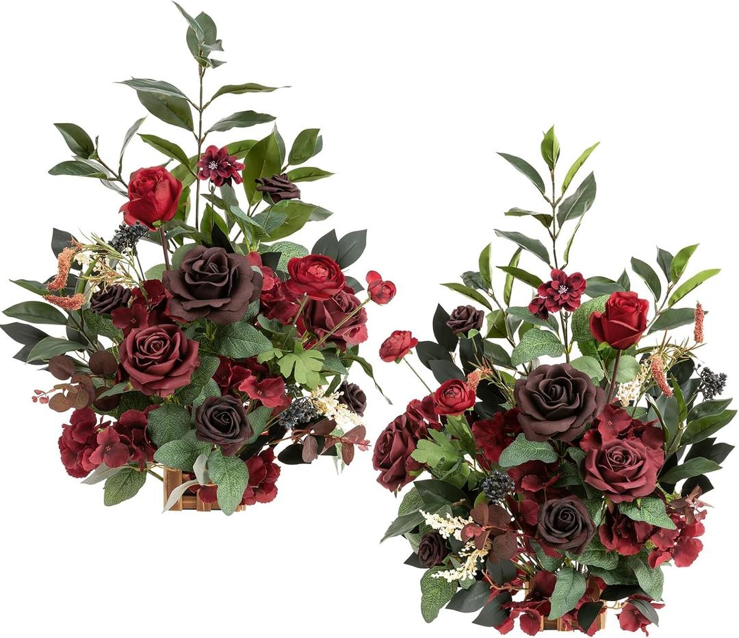 Ling's moment 17.5" Tall Free Standing Artificial Flowers Arrangements 2 pcs Wedding Aisle Runner Chair Decorations Bordeaux Red Centerpieces for Ceremony Reception Rose Floral Floor Party Outdoor