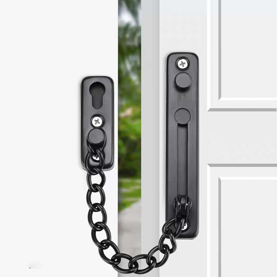 KAFENDA Security Door Chain Lock Sturdy Door Lock Latch for Inside Door Stainless Steel Hotel Door Lock with Spring Button Door Locks for Kids Safety (Black)