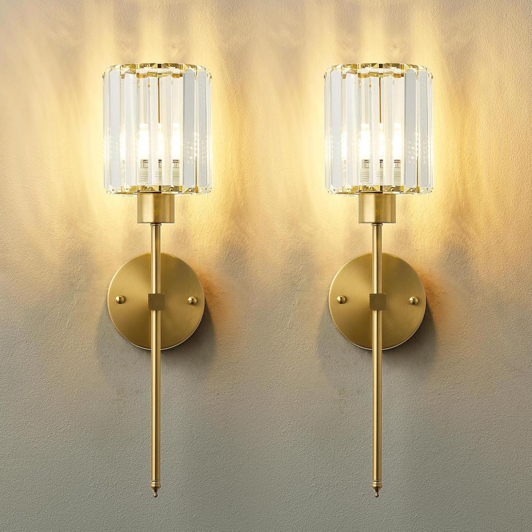 Hardwired Crystal Wall Sconces Set of Two - Dimmable Wall Light Fixtures 3000K, Warm White, for Hallway, Bathroom, Living Room, Bedroom, Brass, 20.1 Inch