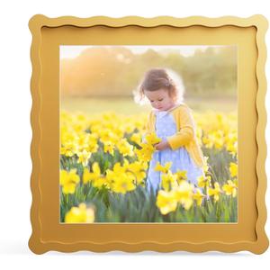 12x12 Picture Frame with Mat for 10x10, Wavy Edge Wooden Real Glass Photo Frame for Wall Hanging, Yellow, 1 Pack