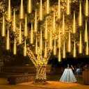 Solar Meteor Shower Lights Outdoor, Waterproof Christmas Lights Decorations Solar Powered 16 Tubes 384LED Icicle String Light, Snow Cascading Rain Drop Light for Xmas Tree Garden Decor (Warm White)