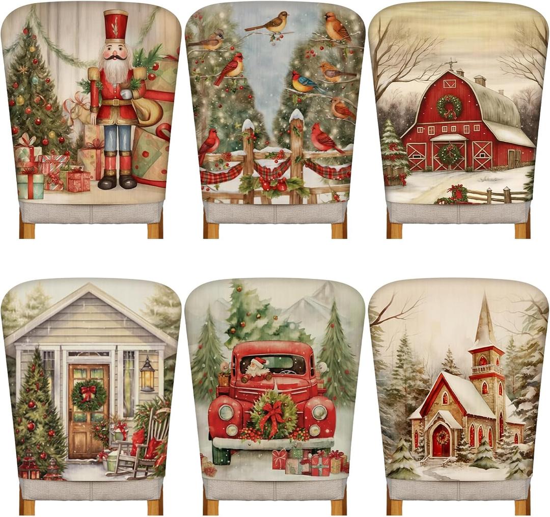 Moukeren 6 Pcs Christmas Chair Cover Set Stretch Dining Chair Back Covers Christmas Nutcracker Red Truck Slipcovers Farmhouse Removable Elastic Seat Protector for Xmas Party Dining Home Kitchen Decor