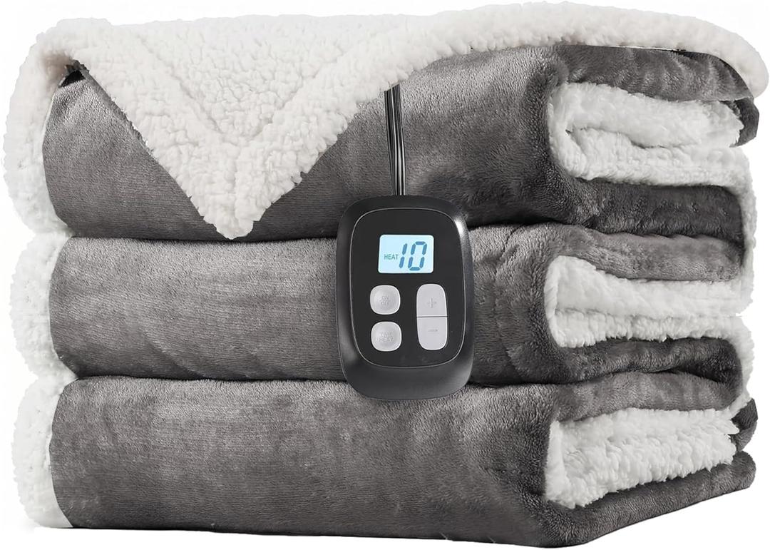 LaffyLo Electric Heated Blanket Full Size 72 x 84, Fast Heating Blanket, Dual-Sided Flannel Sherpa, 10 Heat Settings, 1-12 Hour Auto Off, Machine Washable, Light Grey