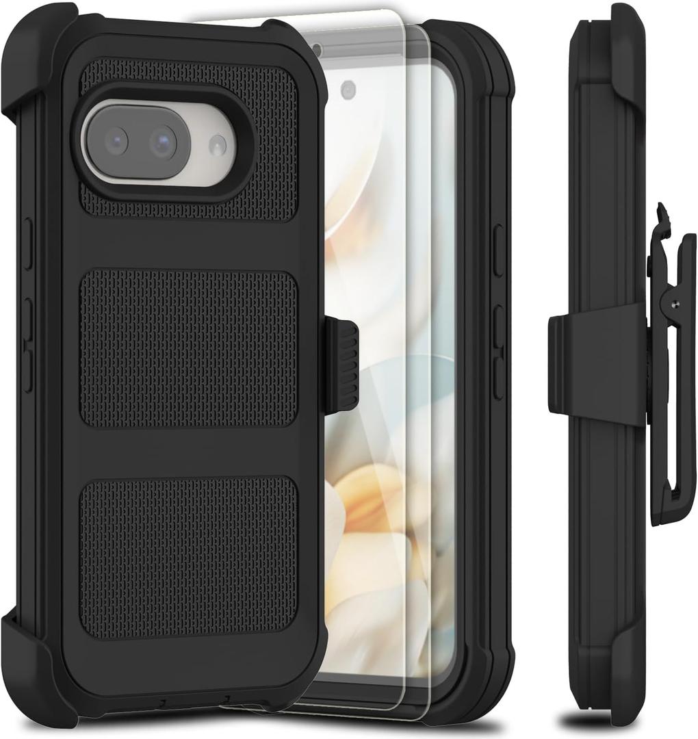 for Google Pixel 9a 2025 Case with 2 Pack Tempered Glass Screen Protector, [Holster Series] Belt Clip Kickstand Heavy Duty Shockproof Protective Cell Phone Case Cover (Black)