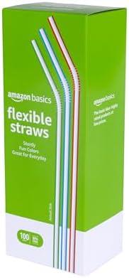 Amazon Basics Disposable Striped Plastic Flex Straws, 7.5" Long, Assorted Colors, 100 Count, Large ,4 Pack