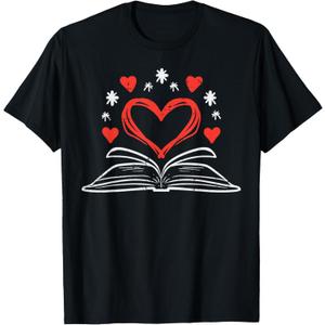 Book Heart Read Book Reading Librarian Men Women Kids T-Shirt (Small, Black)