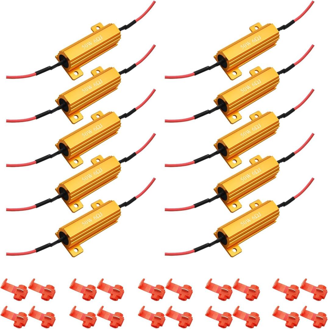 AUXLIGHT 10Pcs Quality 50W 6ohm Load Resistors - Fix LED Bulb Hyper Flash/Error Code, Turn Signal Fast Blinker (Resistors get very hot during working)