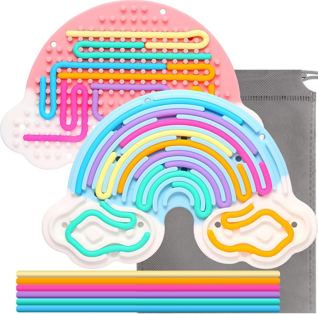 2Pcs Fidget Toys Sensory Activity Board, Silicone Sensory Toys for Anxiety Autistic ADHD Calming, Kids 3+ & Adults, Travel Bag & 24 Strings, Rainbow (Pink & Blue)