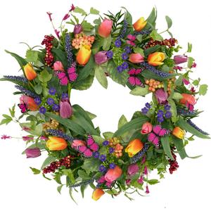 22 inch Spring Summer Wreath Tulip Wreath for Front Door with Purple Tassels, Eucalyptus Leaves, Ferns, Butterflies for Indoor Outdoor Wall Festival Home Farmhouse Wedding Decor (Colorful Tulips)