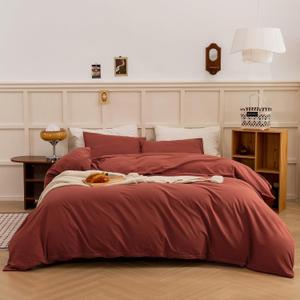 ECOCOTT Duvet Cover King Size - Linen Feel Textured Organic Natural 100% Washed Cotton, Soft Breathable 3 Pieces Bedding Set with Zipper Closure, Burnt Brick Red (King (104"x90"), Burnt Brick Red (No Comforter))