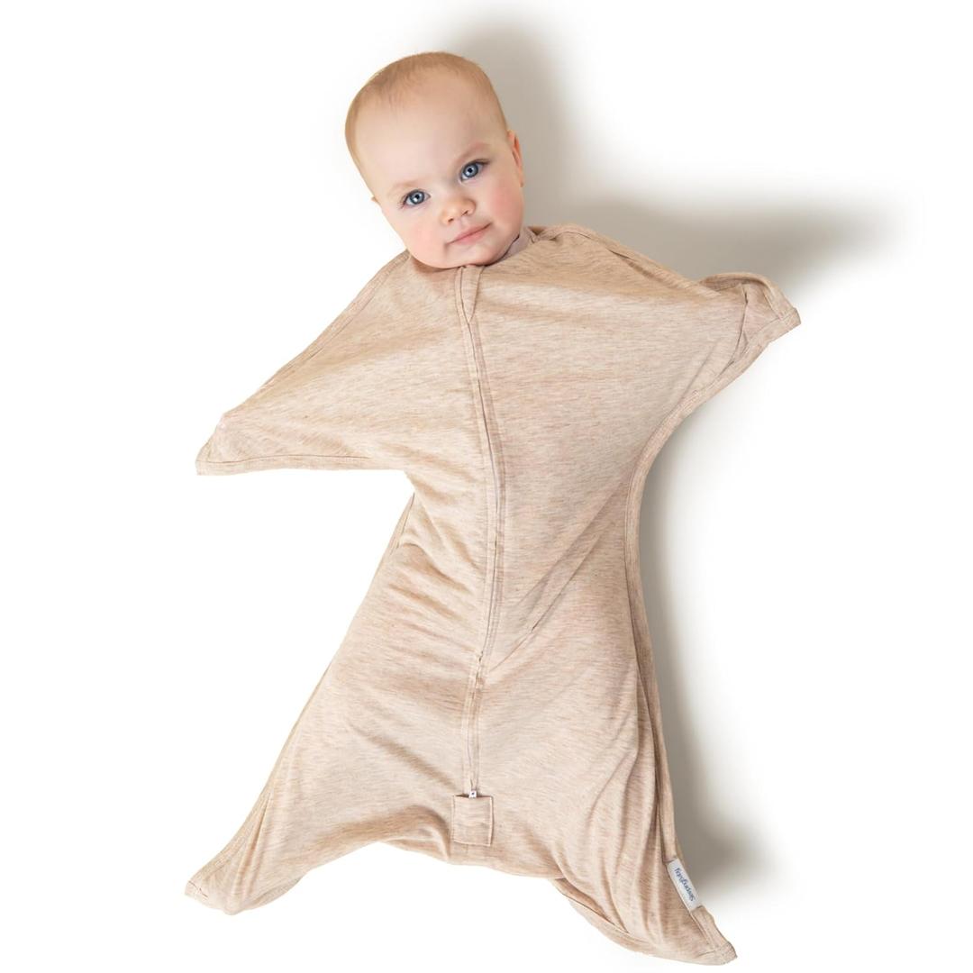 SleepingBaby Zipadee-Zip Transition Swaddle - Cozy Baby Swaddling Blanket with Zipper Convenience - Roomy Wearable Blanket for Easy Diaper Changes - 6-12 Month - Balanced Beige Heather