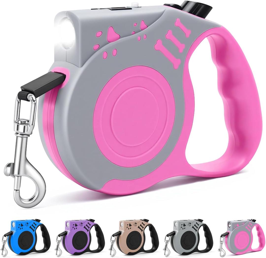 Retractable Dog Leash with USB Rechargeable Flashlight for Night Walks, 16FT Automatic Telescopic Tractor Dog Leash for Small and Medium Dogs, Pink