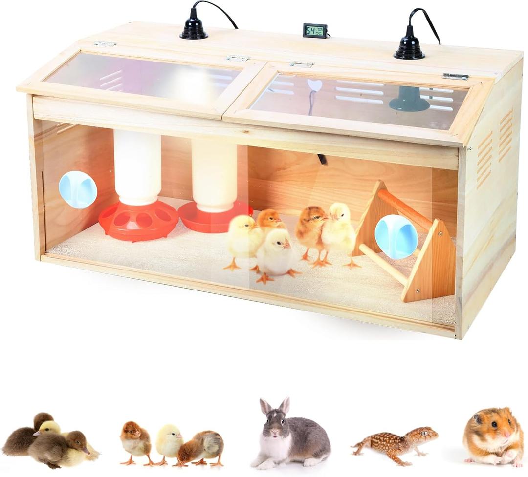 Chicken Brooder Box Chick Starter Kit,Large Wooden Poultry Brooder with Chick Waterer Feeder Chick Perch Thermometer and Heat Lamp Set,Baby Chicken Supplies for Duck Quail Hamsters and Lizards