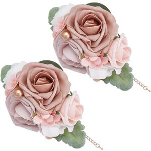 PLIGREAT 2 Pcs Prom Wrist Corsage, Artificial Wrist Flower Pink White Bridal Wristband Flowers Corsages for Prom Wedding Bride Bridesmaid Party Decorations