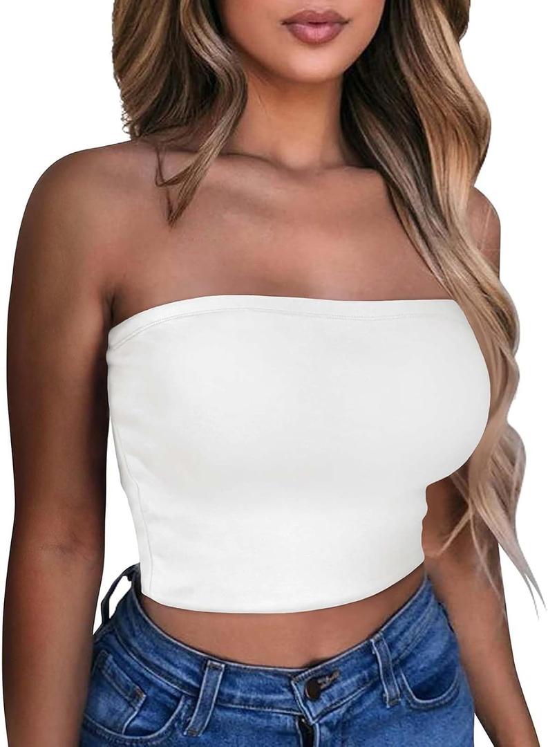 Summer Tube Tops Basic Crop Tops for Women Strapless Tank Casual Tunics Sexy Short Shirts (Small) WHITE