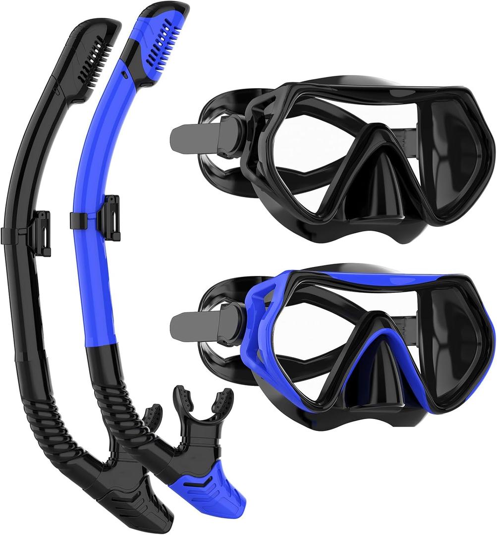 Snorkeling Gear for Adults, JRing Snorkel Mask Set with 180 Degree Tempered Glass Anti Fog Goggles Scuba Dry Top Snorkel for Swimming, Scuba Diving Mask for Men Women (Black+Blue)