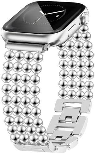 JR.DM Beaded Bracelet Silver Band Women Compatible with Apple Watch 42mm(S3/2/1) 44mm 45mm 46mm,Adjustable Metal Replacement Strap,Fashion Dressy Wristband for Iwatch Se Series 11/10/9/8/7/6/5/4/3/2/1