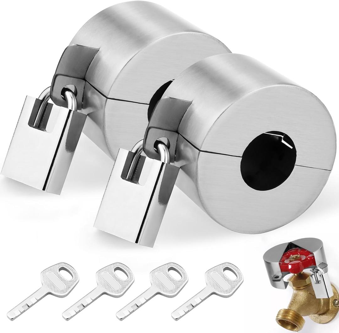 Outdoor Faucet Lock, 2 Pack Water Hose Bib Spigot Lock Stainless Steel Cover & Padlock Kits for 1-1/2 to 3 Inch Dia Valve Handles to Prevent Outside Water Theft and Unauthorized Use