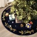 72 Inch Christmas Tree Skirt Velvet Xmas Tree Skirt with Gold Embroidery Holly Leaf Decorations for Christmas Party Favors Holiday New Year Decor(Blue)