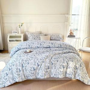 EAVD Queen Comforter Set White and Blue Floral Bedding Set for Women Soft Microfiber 3-Piece Vintage Garden Floral Comforter Set with 2 Pillowcases Botanical Bedding Set for All-Season