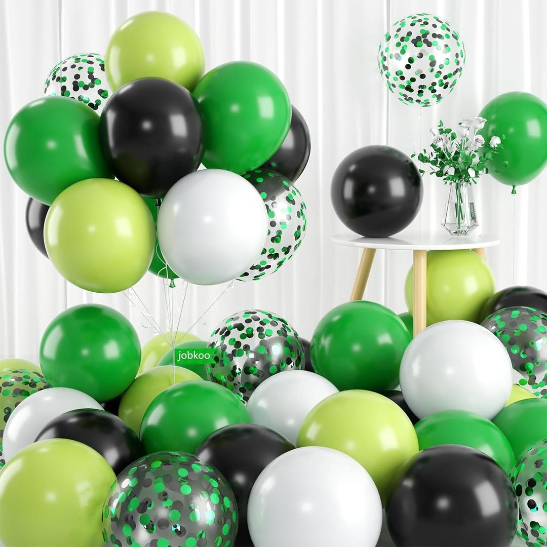 2 x 60 PCS Colorful Balloons Set with Confetti - Green, Black, White - 12 Inch Lime Green Balloons for Video Game Football Theme Party Kids Birthday Decorations