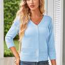 GRACE KARIN Women's 2025 Cropped Cardigan 3/4 Sleeve Lightweight Crochet Shrug Hollowed-Out Knit Sweater Tops (Blue, S)