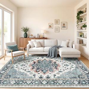 Washable Area Rug 9x12, Vintage Floral Carpet | Low pile faux wool for living room. TPR non-slip base, Robot friendly & pet safe. Washable aesthetic persian indoor decor.