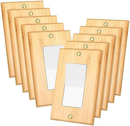 Pinkunn 10 Pieces Solid Wood Light Switch Plate Outlet Covers Bamboo Wooden Decorative Wall Plate for Home Bedroom Kitchen(Light Oak,Single Rocker)
