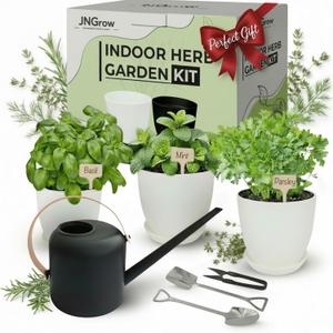 Indoor Garden Kit - Plant Pots with Drainage, Watering Can & Tools - Ideal Windowsill Planter Set - Modern Home & Kitchen Decor Gift - White