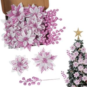 24 Pcs 3 Styles Christmas Poinsettia Flowers Christmas Tree Ornaments, 16 Pcs Artificial Christmas Flowers and 8 Pack Artificial Berry Picks for Xmas Holiday Wedding Decor, Pink