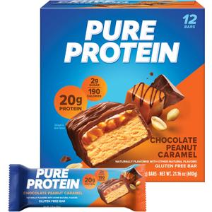 Pure Protein Bars, High Protein, Nutritious Snacks to Support Energy, Low Sugar, Gluten Free, Chocolate Peanut Caramel, 1.76oz, Count of 12 (Pack of 1)